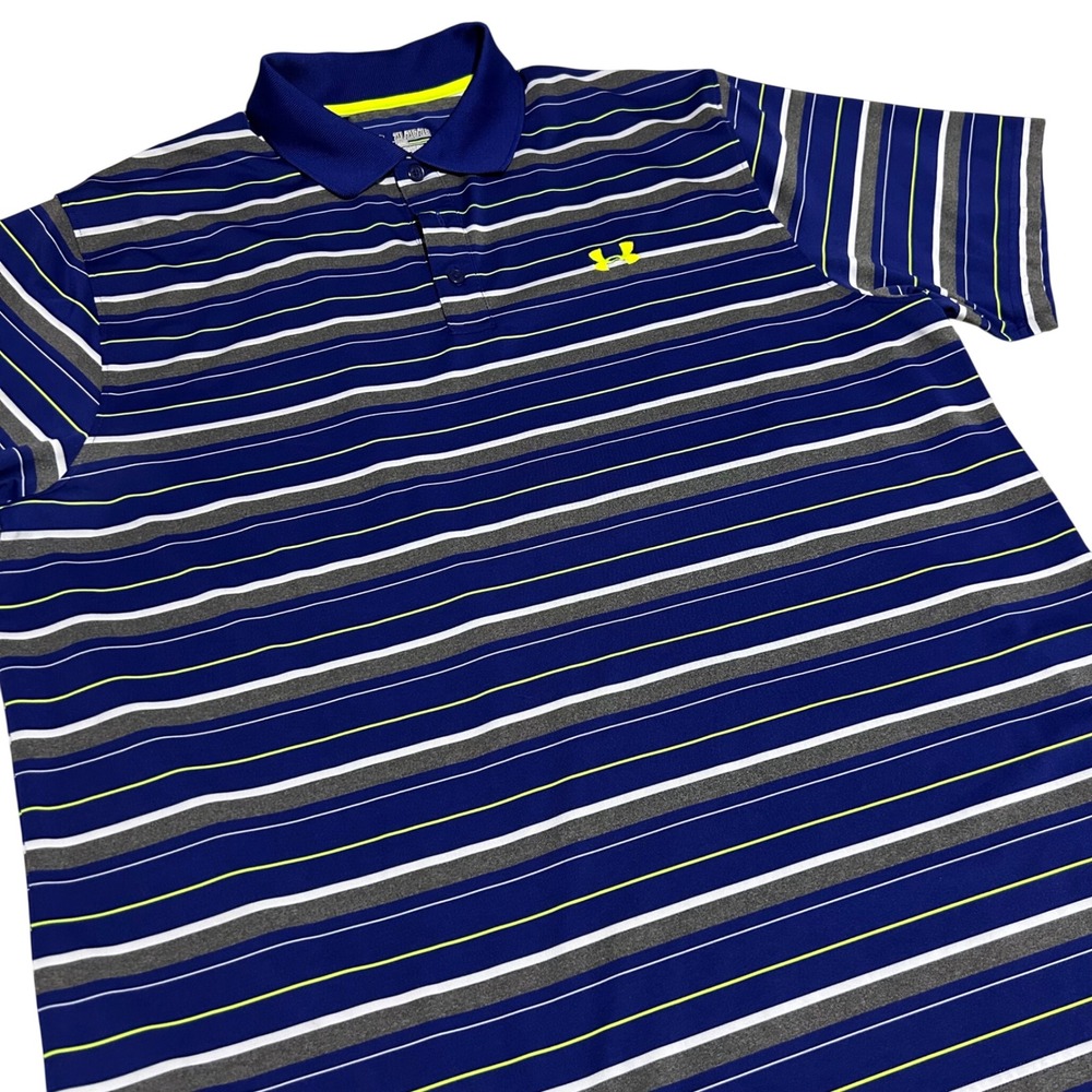Under Armour Polo Mens 2XL Blue Striped HeatGear Loose Fit Short Sleeve Golf Top